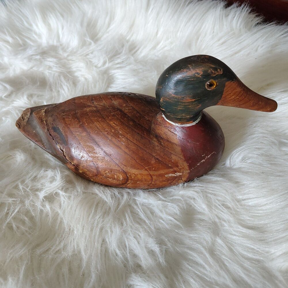 Antique Duck Decoy Mallard Drake Hand Carved Glass Eyes Original Paint
